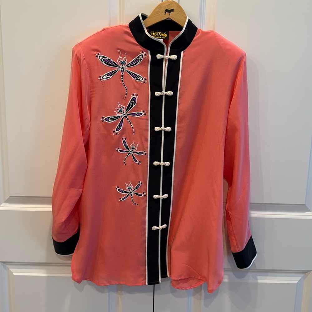 Bob Mackie Coral Blouse with Black Trim & Dragonfly Embroidery100%silk